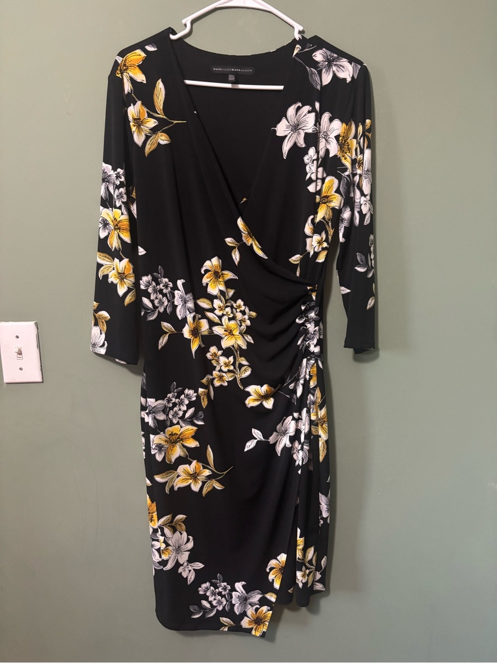 White House Black Market Black Floral Faux-Wrap Midi Dress with Yellow Accents